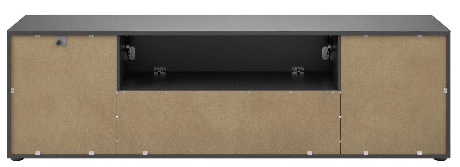 TV-Lowboard in Frontalansicht mit offenen Fächern und Türen in Holzoptik.