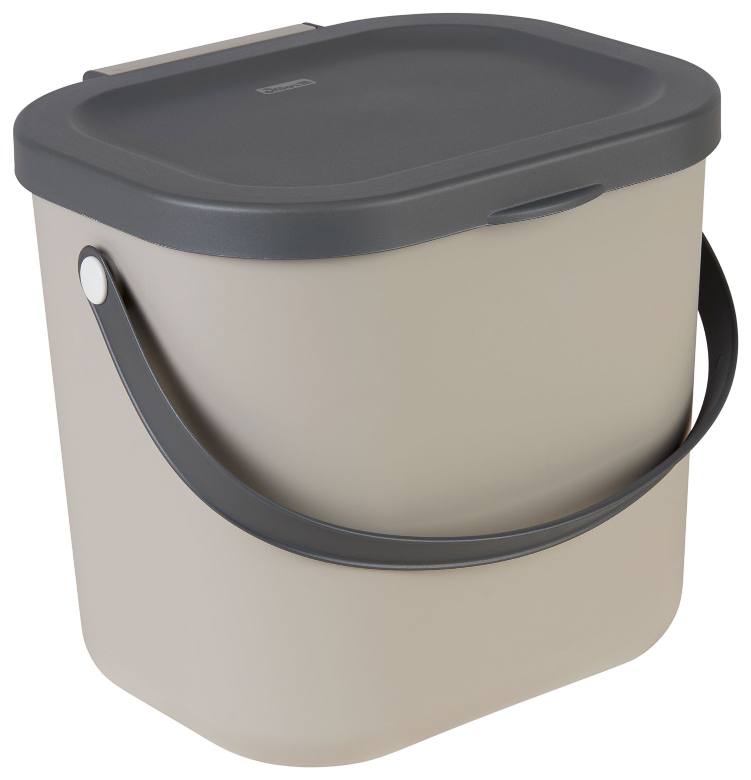 Recycling-Müllsystem 6 l ALBUL, beige Eimer mit grauem Deckel und Tragegriff, seitliche Perspektive