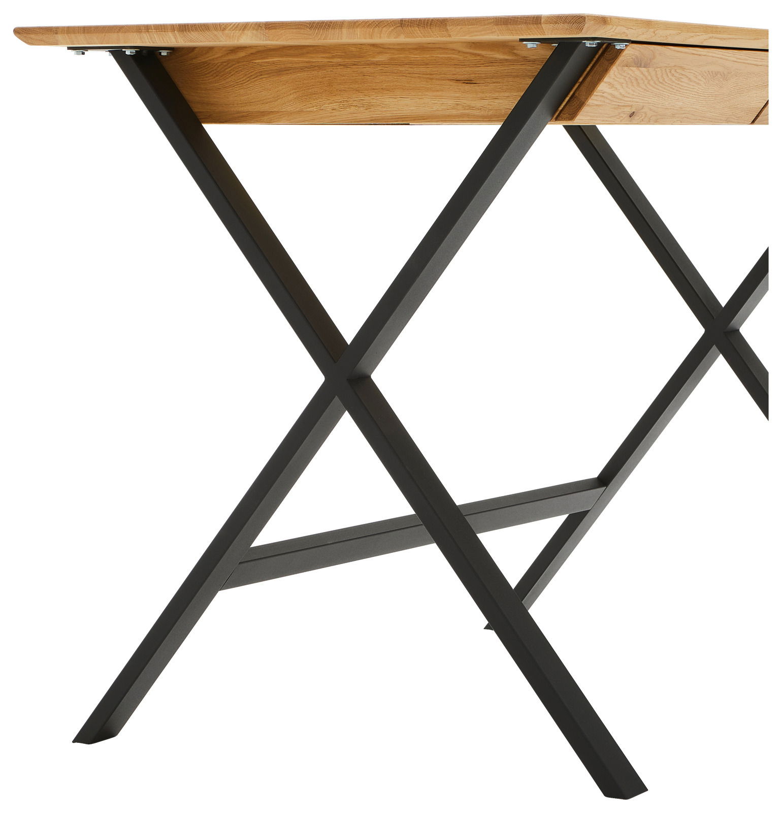 Moderner Schreibtisch mit X-förmigen Metallbeinen und Holzplatte, seitliche Perspektive