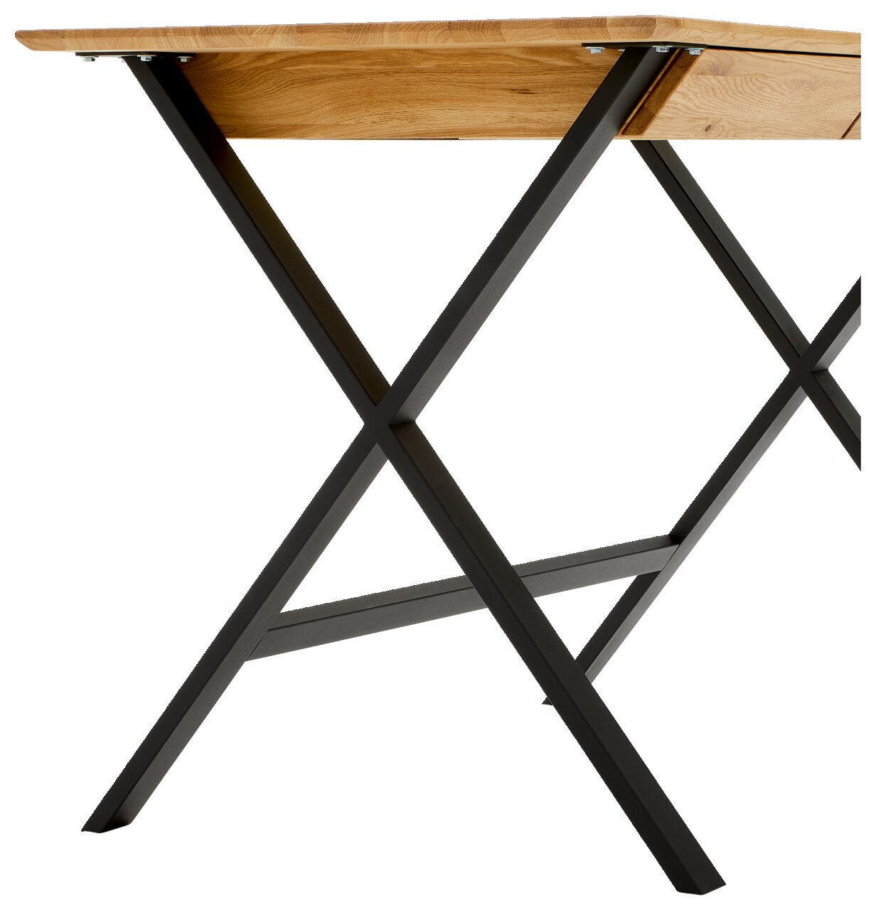 Moderner Schreibtisch mit X-förmigen Metallbeinen und Holzplatte, seitliche Perspektive