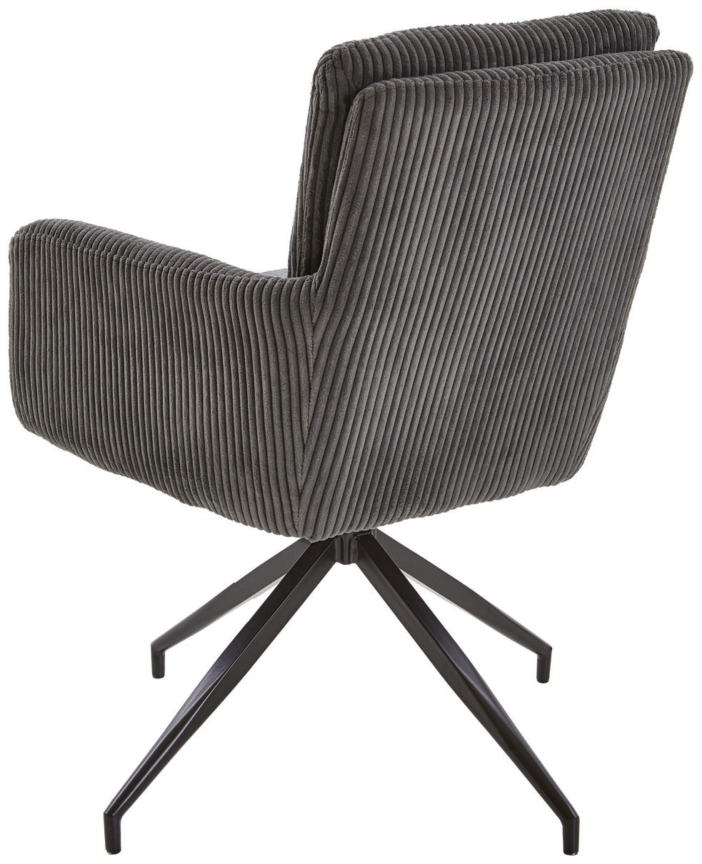 Rückansicht eines grauen Armlehnstuhls mit geripptem Stoffbezug und schwarzem Metallgestell.