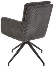 Rückansicht eines grauen Armlehnstuhls mit geripptem Stoffbezug und schwarzem Metallgestell.