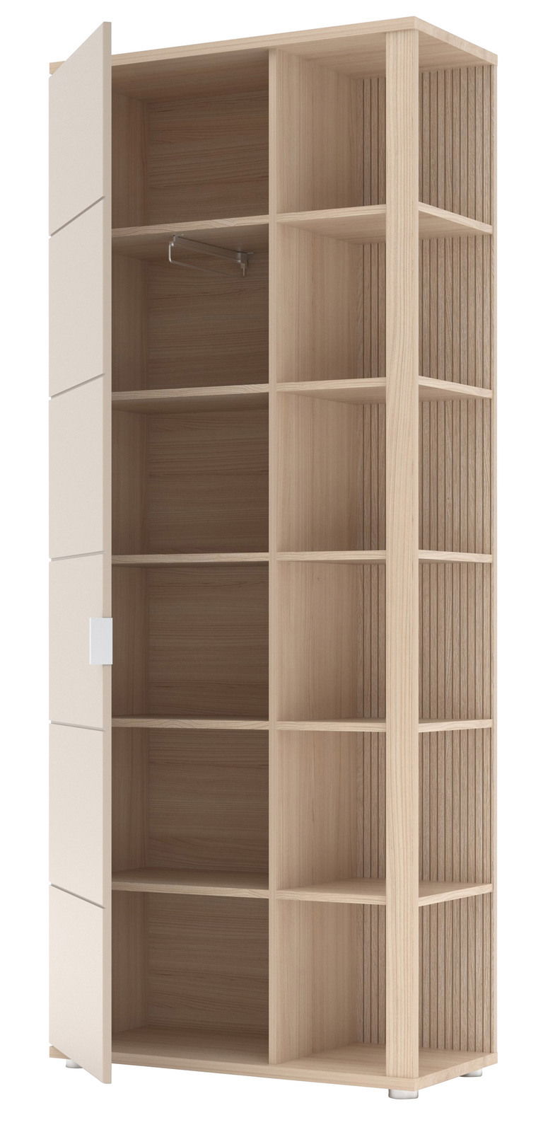 Offener Garderobenschrank aus hellem Holz mit mehreren Regalfächern und einer Tür, seitliche Perspektive.