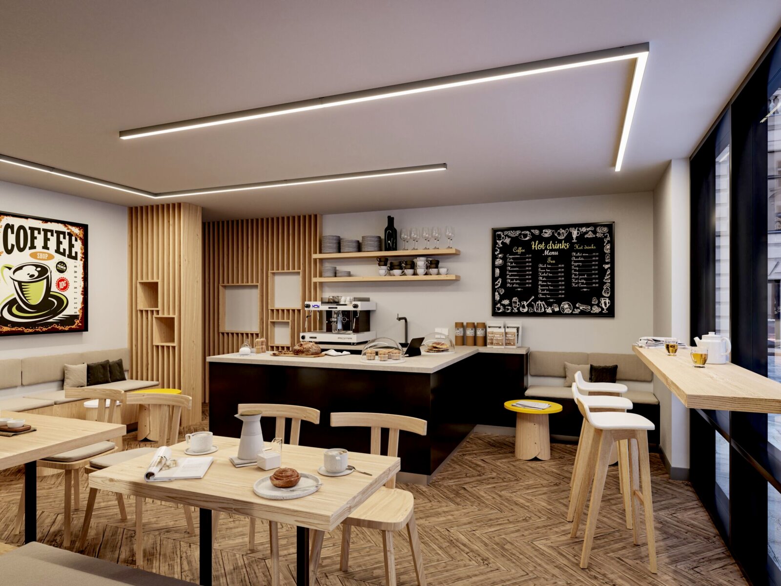 Moderner Café-Innenraum mit hellen Holztischen und Barhockern, Theke mit Espressomaschine und Regal, warmen LED-Deckenlinien sowie Menütafel an der Wand, aufgenommen aus leicht erhöhter, schräger Perspektive von der Sitzbereich-Seite in Richtung Theke und