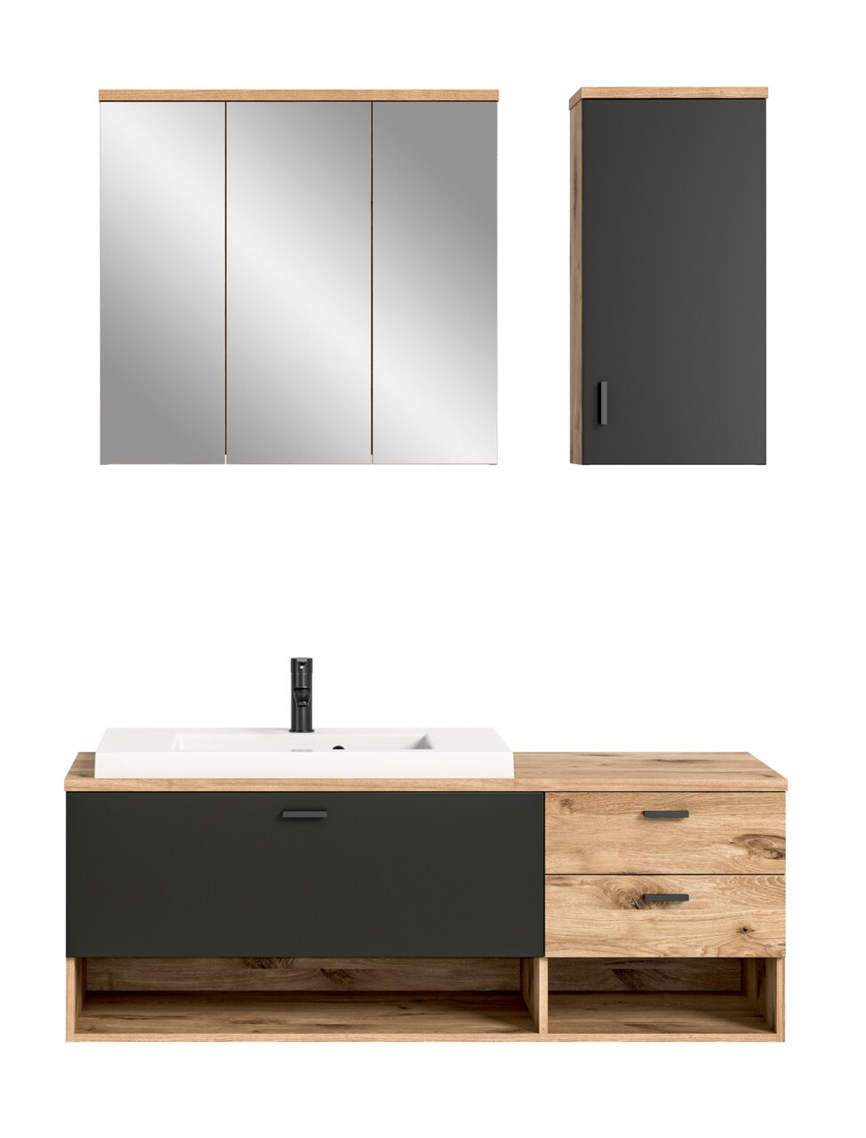 Moderne Badkombination mit Spiegelschrank, Waschbeckenunterschrank und Hängeschrank in Holzoptik und dunklem Grau, Frontalansicht