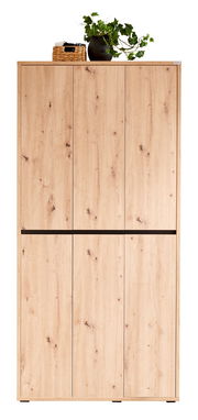 Frontansicht eines großen, mehrzweckigen Holzschranks mit sechs Türen, dekoriert mit einem Korb und einer Pflanze auf der Oberseite.