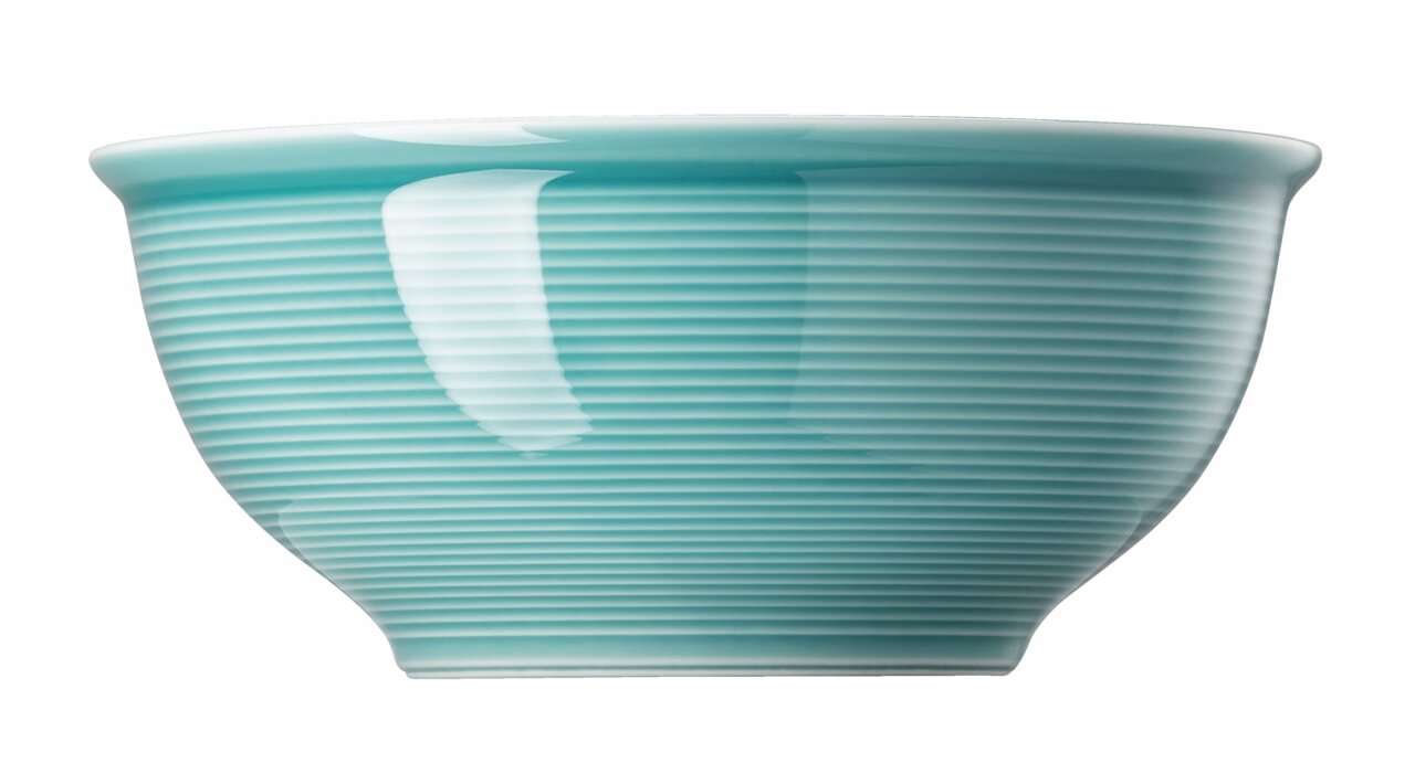 Müslischale 16 cm Ice Blue, seitliche Ansicht, mit feinen horizontalen Rillen und glatter Oberfläche in einem sanften Blau.