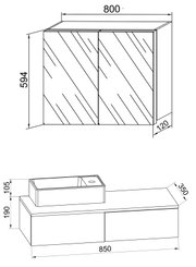 Technische Zeichnung eines Badmöbel-Sets mit Waschtischunterschrank und zweitürigem Spiegelschrank, Maße u. a. 800 mm Breite und 594 mm Höhe (Spiegelschrank) sowie 850 mm Breite, 350 mm Tiefe und 190 mm Höhe (Unterschrank), dargestellt in schräger Frontan
