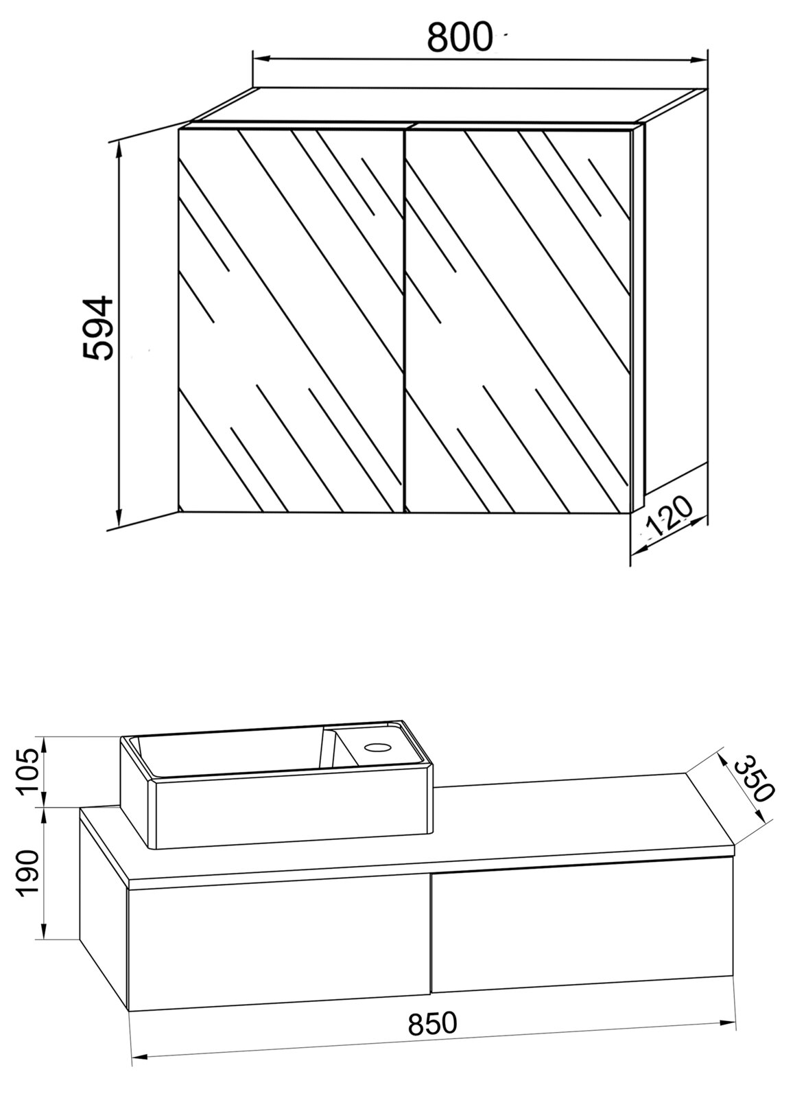 Technische Zeichnung eines Badmöbel-Sets mit Waschtischunterschrank und zweitürigem Spiegelschrank, Maße u. a. 800 mm Breite und 594 mm Höhe (Spiegelschrank) sowie 850 mm Breite, 350 mm Tiefe und 190 mm Höhe (Unterschrank), dargestellt in schräger Frontan