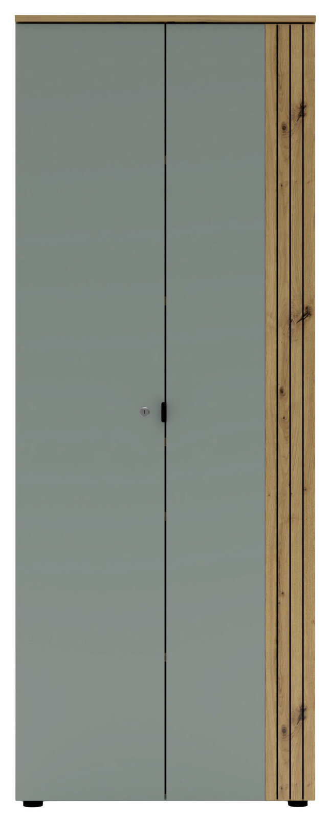 Moderner Büroschrank mit grauen Türen und Holzdetails, Frontalansicht