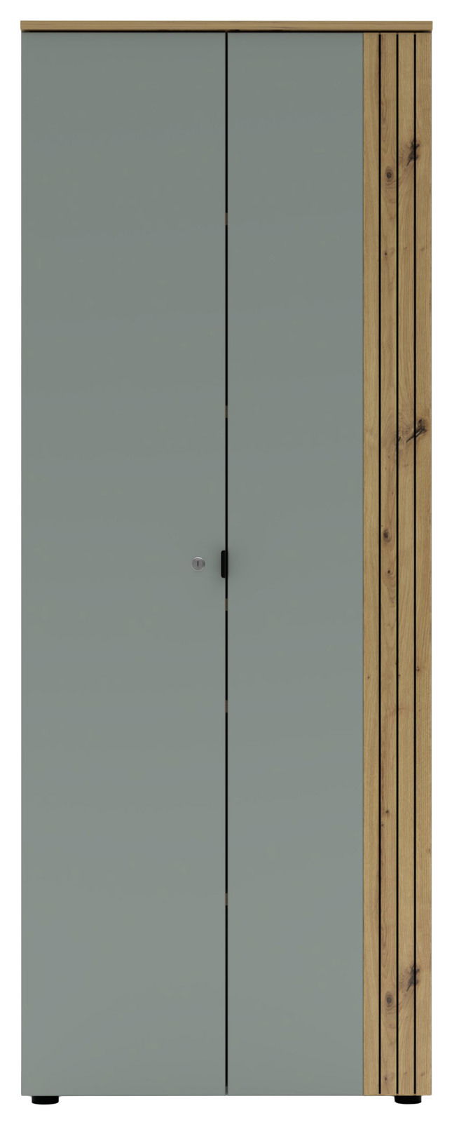 Moderner Büroschrank mit grauen Türen und Holzdetails, Frontalansicht