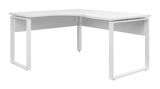 Weißer L-förmiger Eckschreibtisch mit Metallbeinen, seitliche Perspektive