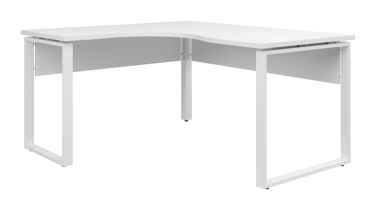 Weißer L-förmiger Eckschreibtisch mit Metallbeinen, seitliche Perspektive