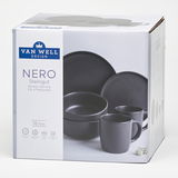 Kombiservice Nero 16-teilig aus Steingut, bestehend aus flachen Tellern, Desserttellern, Schalen und Kaffeebechern, in einer eleganten schwarzen Farbe. Perspektive: Verpackung von vorne.