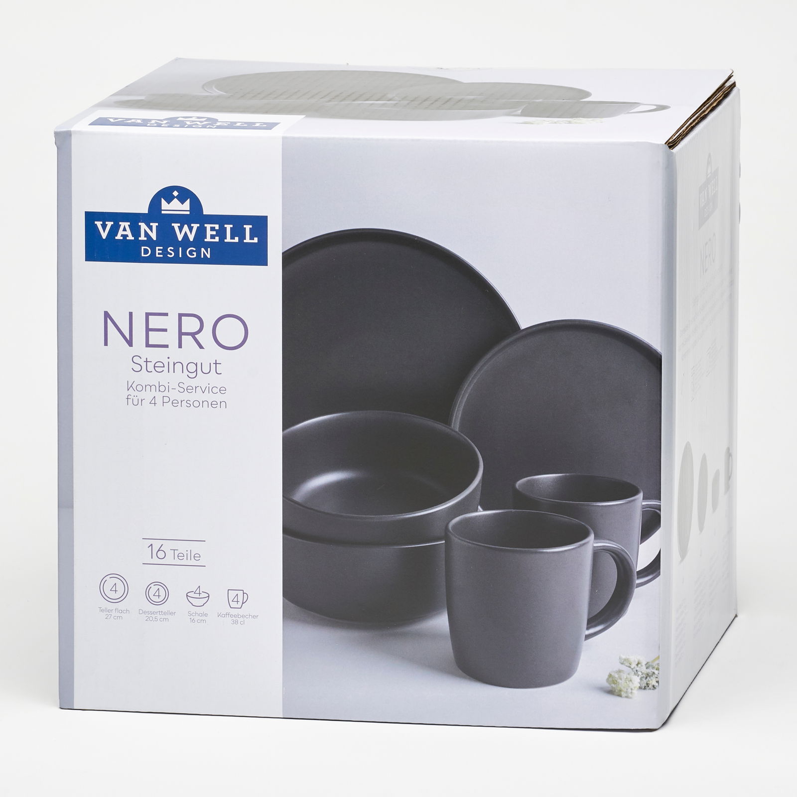 Kombiservice Nero 16-teilig aus Steingut, bestehend aus flachen Tellern, Desserttellern, Schalen und Kaffeebechern, in einer eleganten schwarzen Farbe. Perspektive: Verpackung von vorne.