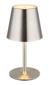 Moderne Tischleuchte VANNIE aus gebürstetem Metall, frontal abgebildet mit einem konischen Lampenschirm und rundem Sockel.