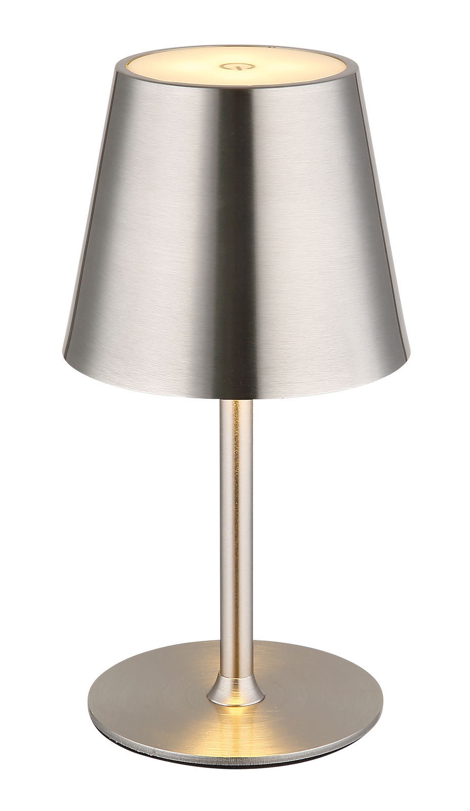 Moderne Tischleuchte VANNIE aus gebürstetem Metall, frontal abgebildet mit einem konischen Lampenschirm und rundem Sockel.