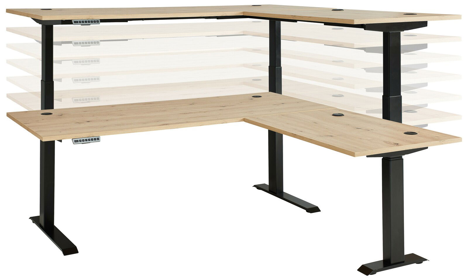 Höhenverstellbarer E-Eckschreibtisch Voleo DETROIT in Holzoptik mit schwarzem Gestell, seitliche Perspektive