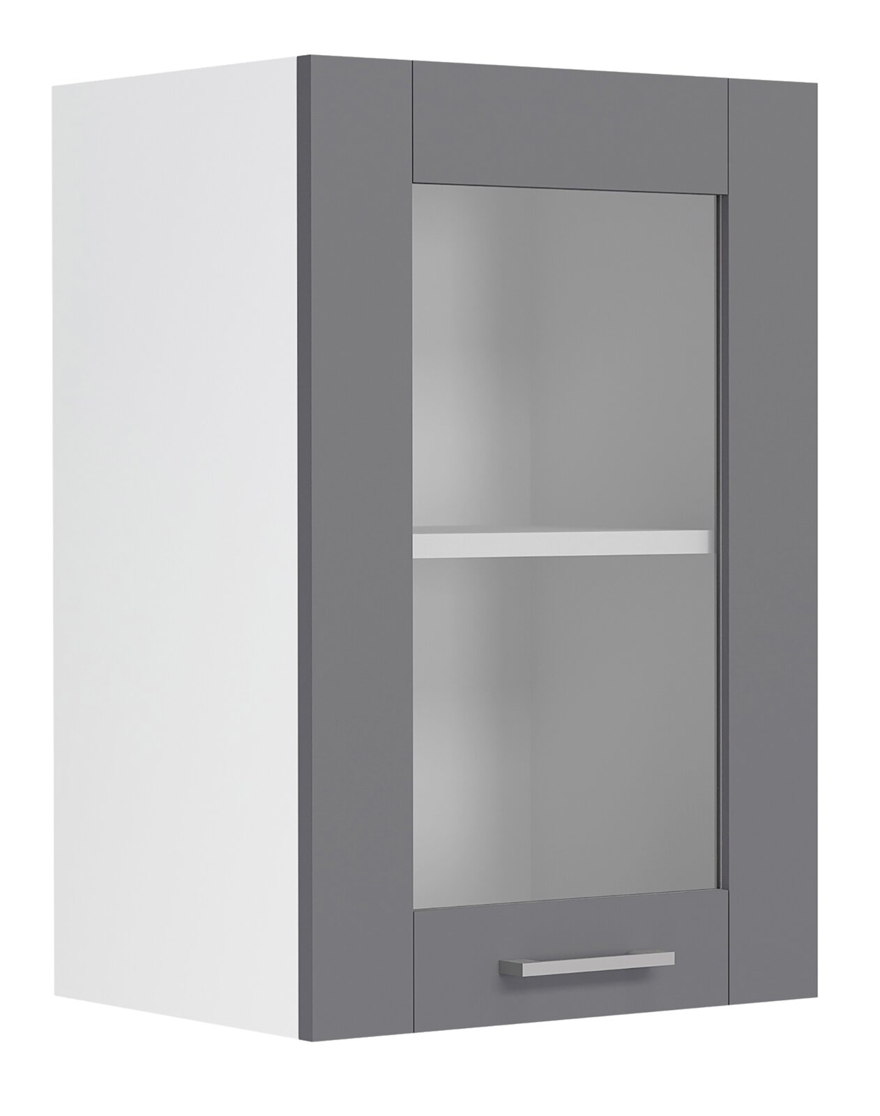 Moderner Hängeschrank in Weiß und Anthrazit mit Glasfront, Einlegeboden und Metallgriff, freigestellt vor weißem Hintergrund, perspektivische Ansicht schräg von vorn links