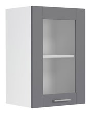 Moderner Hängeschrank in Weiß und Anthrazit mit Glasfront, Einlegeboden und Metallgriff, freigestellt vor weißem Hintergrund, perspektivische Ansicht schräg von vorn links