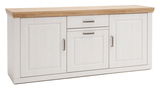 Weißes Sideboard mit Holzplatte und drei Türen, frontale Ansicht