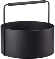 Schwarzer, runder Feuerholz-Korb mit Griff, seitliche Perspektive