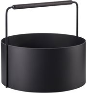 Schwarzer, runder Feuerholz-Korb mit Griff, seitliche Perspektive