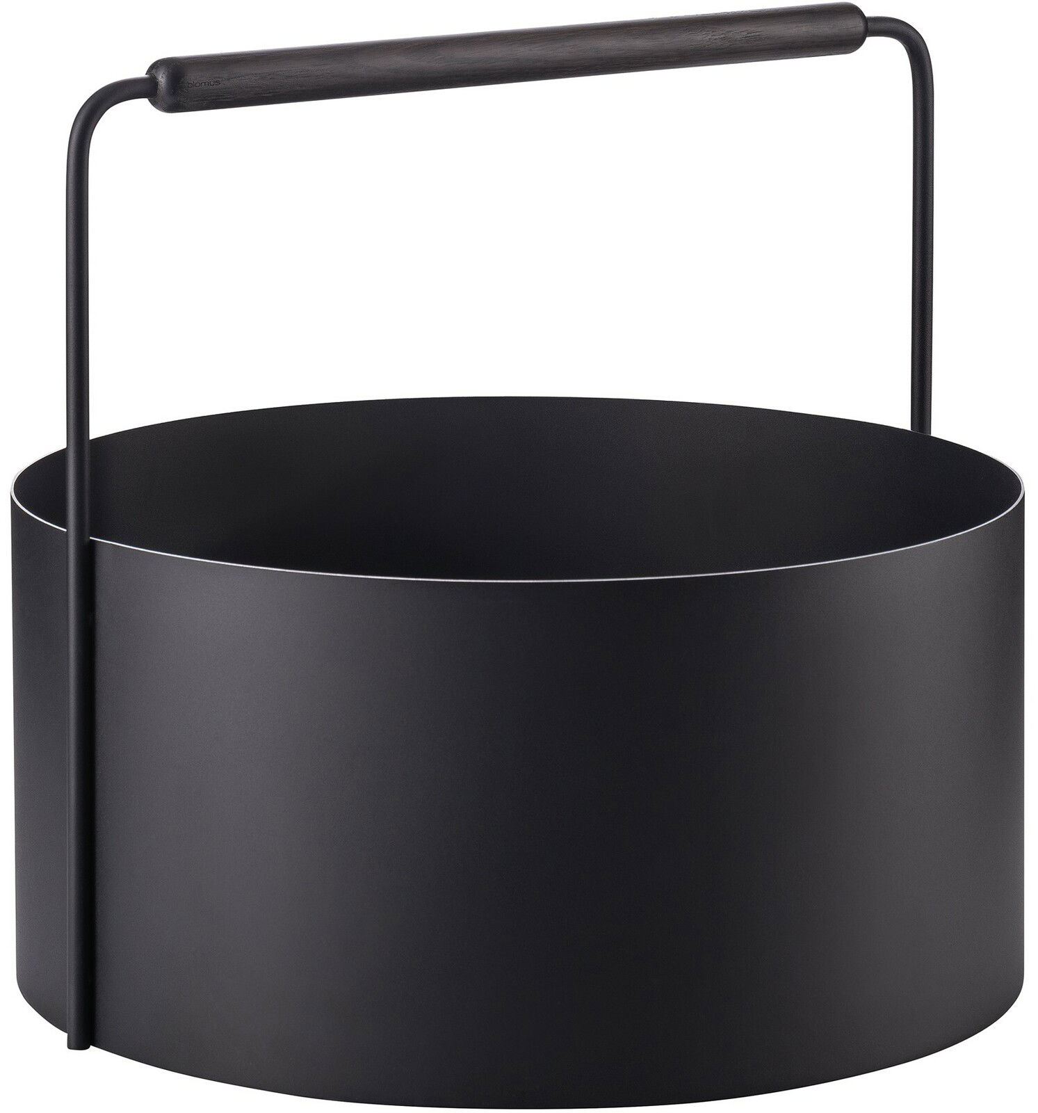 Schwarzer, runder Feuerholz-Korb mit Griff, seitliche Perspektive