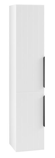 Weißer Hochschrank mit zwei Türen und schwarzen Griffen, seitliche Perspektive