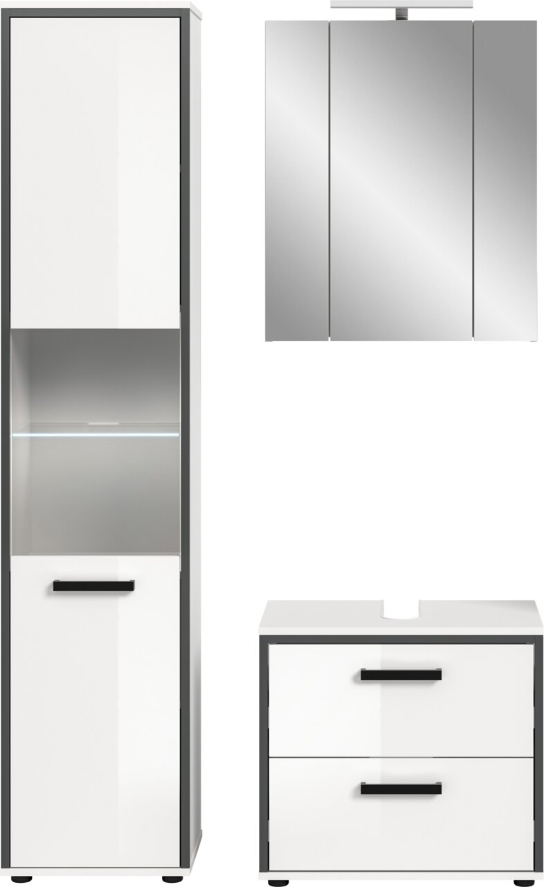 Modernes Badmöbel-Set in Weiß mit grauem Rahmen: Hochschrank mit Glastür/Offenfach und Schranktür, Spiegelschrank und Waschtischunterschrank mit zwei Schubladen, Frontansicht.