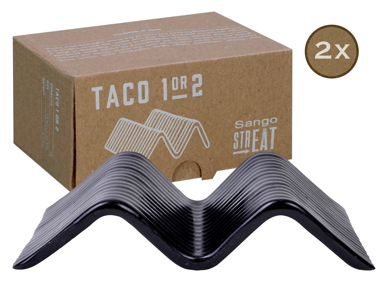 Creatable Taco Stand 2-tlg STREET FOOD Schwarzer, geriffelter Taco-Halter „Taco 1 or 2“ von sango STREET (2er-Set) vor brauner Kartonverpackung, schräg von vorn/leicht von oben fotografiert