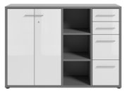Moderner Aktenschrank mit zwei Türen, drei Schubladen und offenen Regalfächern, Frontalansicht