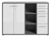 Moderner Aktenschrank mit zwei Türen, drei Schubladen und offenen Regalfächern, Frontalansicht