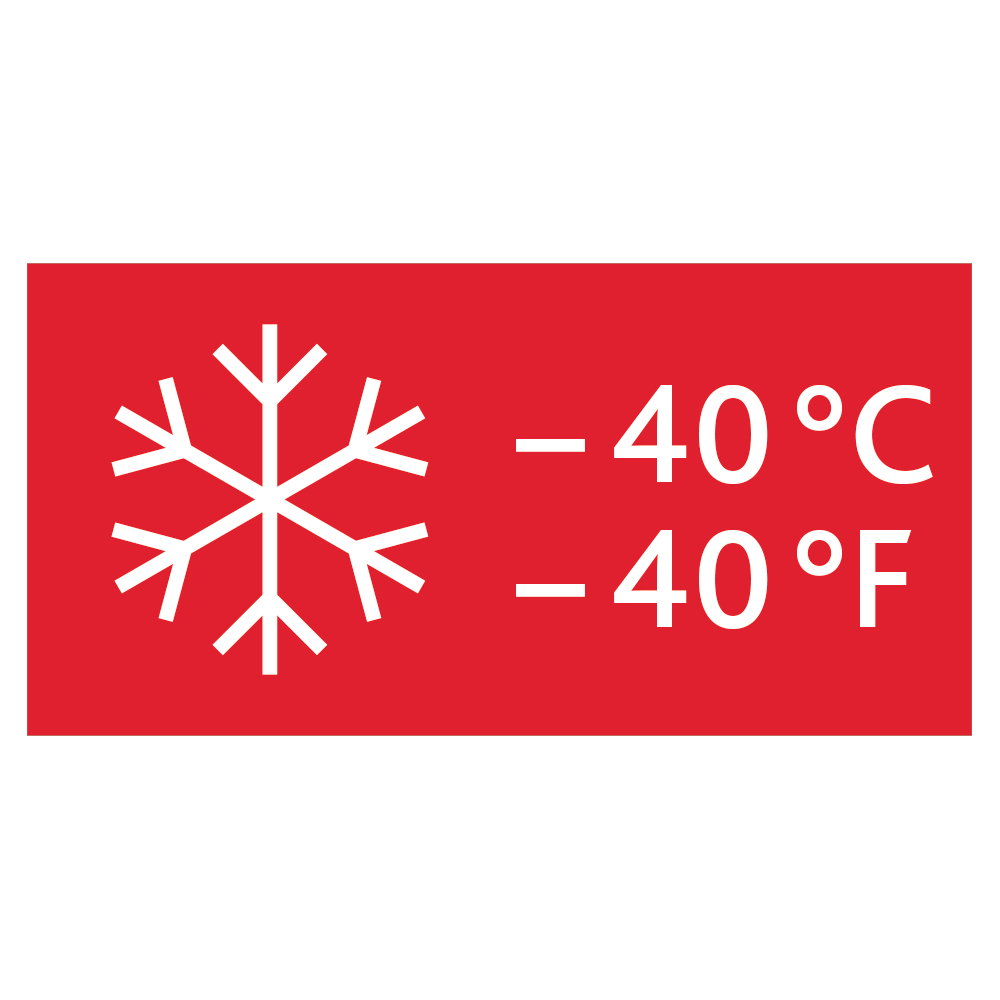Rotes Symbol mit einem weißen Schneeflocken-Icon und der Temperaturangabe -40°C/-40°F, frontal betrachtet.