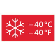 Rotes Symbol mit einem weißen Schneeflocken-Icon und der Temperaturangabe -40°C/-40°F, frontal betrachtet.