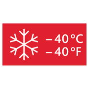 Rotes Symbol mit einem weißen Schneeflocken-Icon und der Temperaturangabe -40°C/-40°F, frontal betrachtet.