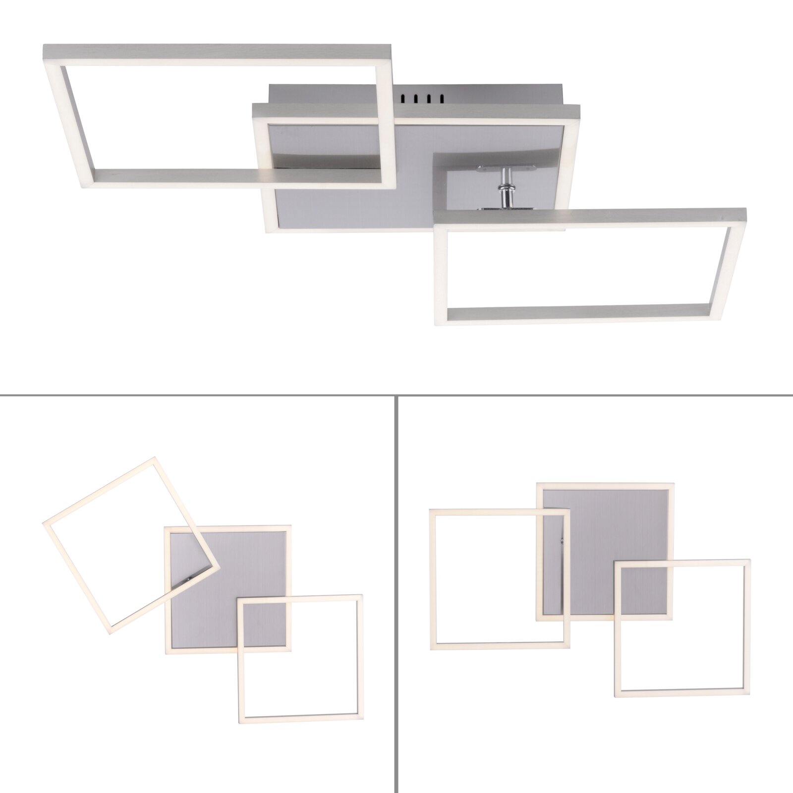Moderne LED-Deckenleuchte mit zwei überlappenden quadratischen Leuchtrahmen in Weiß auf quadratischer Deckenplatte, Ansicht schräg von unten sowie Draufsicht-Varianten auf weißem Hintergrund