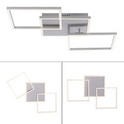 Moderne LED-Deckenleuchte mit zwei überlappenden quadratischen Leuchtrahmen in Weiß auf quadratischer Deckenplatte, Ansicht schräg von unten sowie Draufsicht-Varianten auf weißem Hintergrund