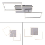 Moderne LED-Deckenleuchte mit zwei überlappenden quadratischen Leuchtrahmen in Weiß auf quadratischer Deckenplatte, Ansicht schräg von unten sowie Draufsicht-Varianten auf weißem Hintergrund