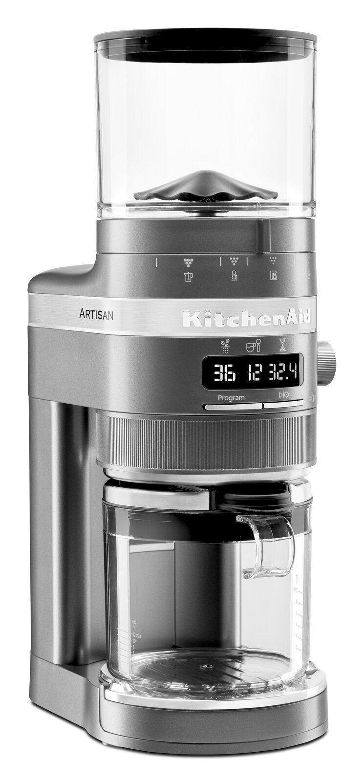 KitchenAid Kaffeemühle ARTISAN Silberne Kaffeemühle von KitchenAid, Vorderansicht mit digitalem Display und Glaskanne.