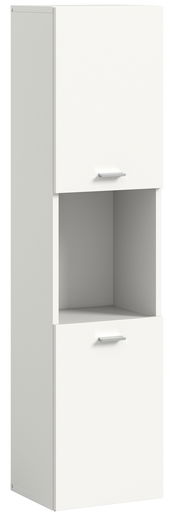 Weißer Badschrank mit zwei Türen und einem offenen Fach, seitliche Perspektive