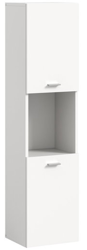 Weißer Badschrank mit zwei Türen und einem offenen Fach, seitliche Perspektive