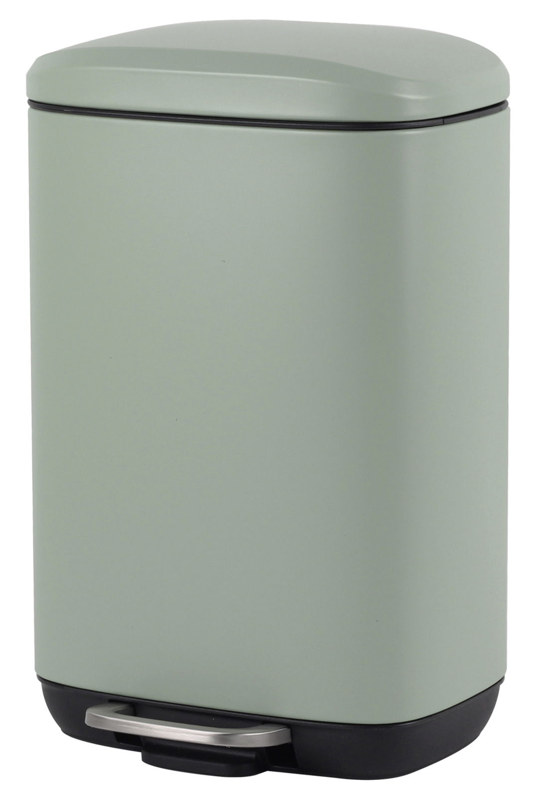 Grüner Treteimer aus Metall mit rechteckiger Form, seitliche Perspektive