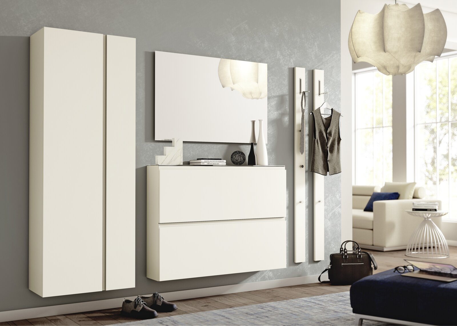 Moderano Hangende garderobekast LECCO Moderner Hänge-Garderobenschrank in einem stilvollen Wohnzimmer, seitliche Perspektive