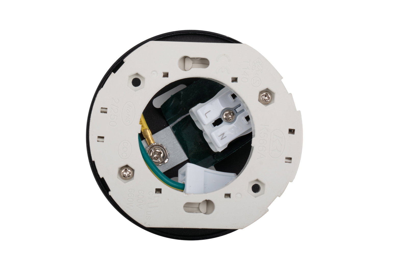 Vorderansicht eines LED-Spotkopfes mit sichtbaren elektrischen Anschlüssen und Schrauben.