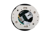 Vorderansicht eines LED-Spotkopfes mit sichtbaren elektrischen Anschlüssen und Schrauben.