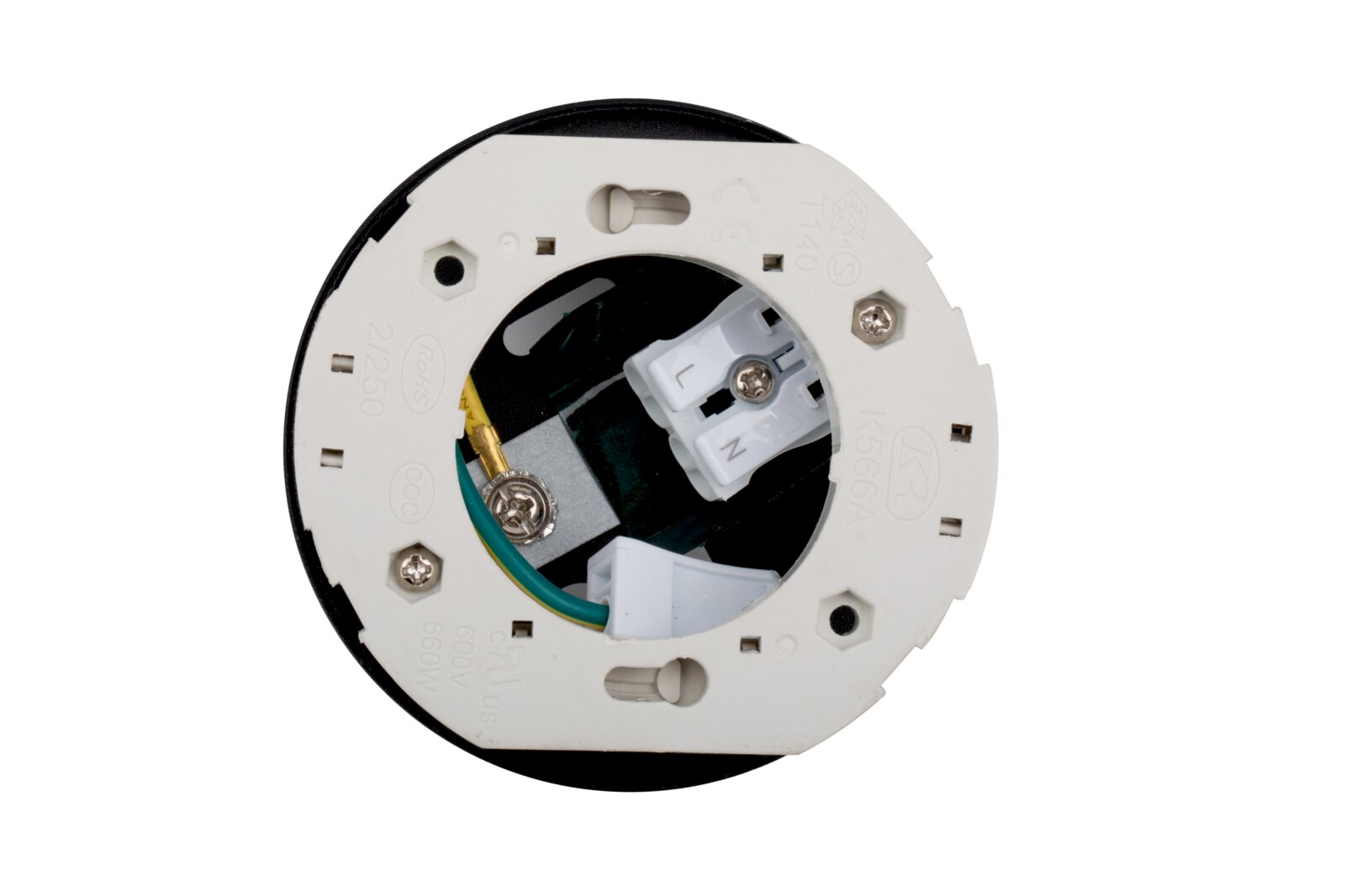 Vorderansicht eines LED-Spotkopfes mit sichtbaren elektrischen Anschlüssen und Schrauben.