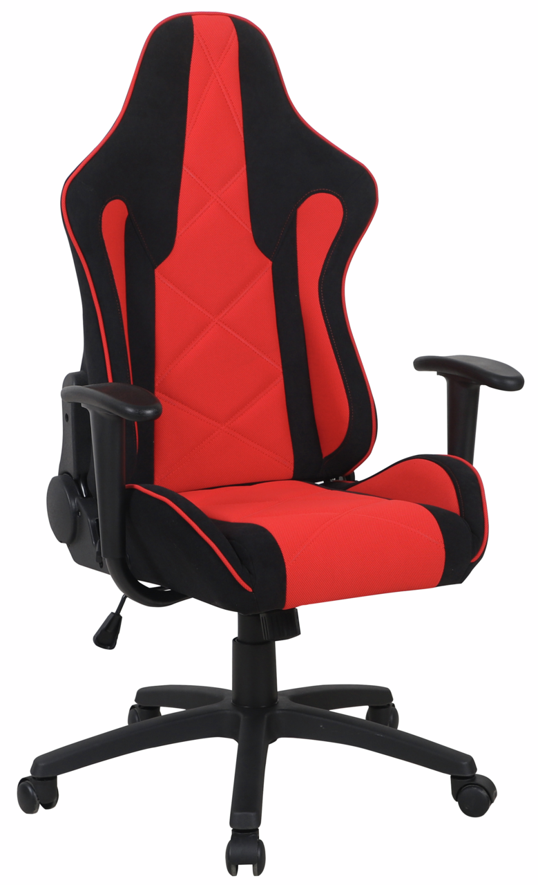 Roter und schwarzer Gaming-Stuhl mit ergonomischem Design, seitliche Perspektive