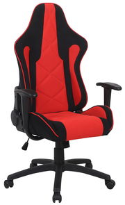 Roter und schwarzer Gaming-Stuhl mit ergonomischem Design, seitliche Perspektive