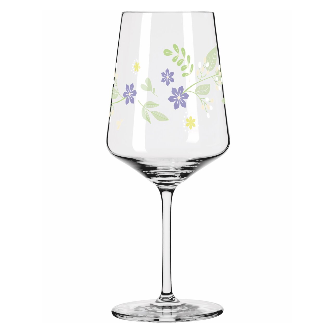 Wijnglas met bloemmotief, gezien vanaf de zijkant